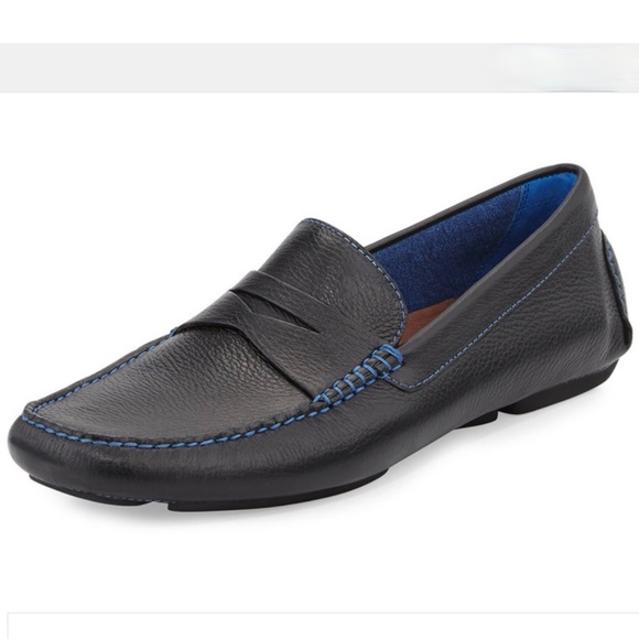 Donald J. Pliner Varran Black Pebbled Leather Loafer/Moc w/ Blue Contrast Stitch - Picture 1 of 13